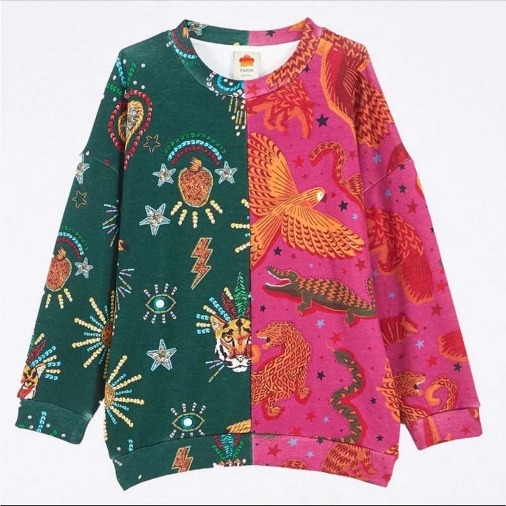 Farm Rio Jungle Sky Tiger sweatshirt 🐅 rare 🦅like new🐊 festival ethnic boho
